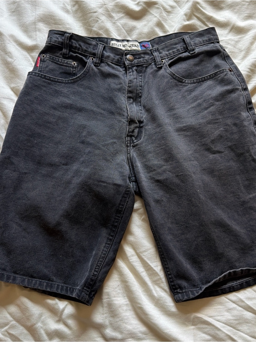 Vintage Bugle Boy Black Denim Long Shorts Size 32W 90s Skater Baggy Jean Shorts